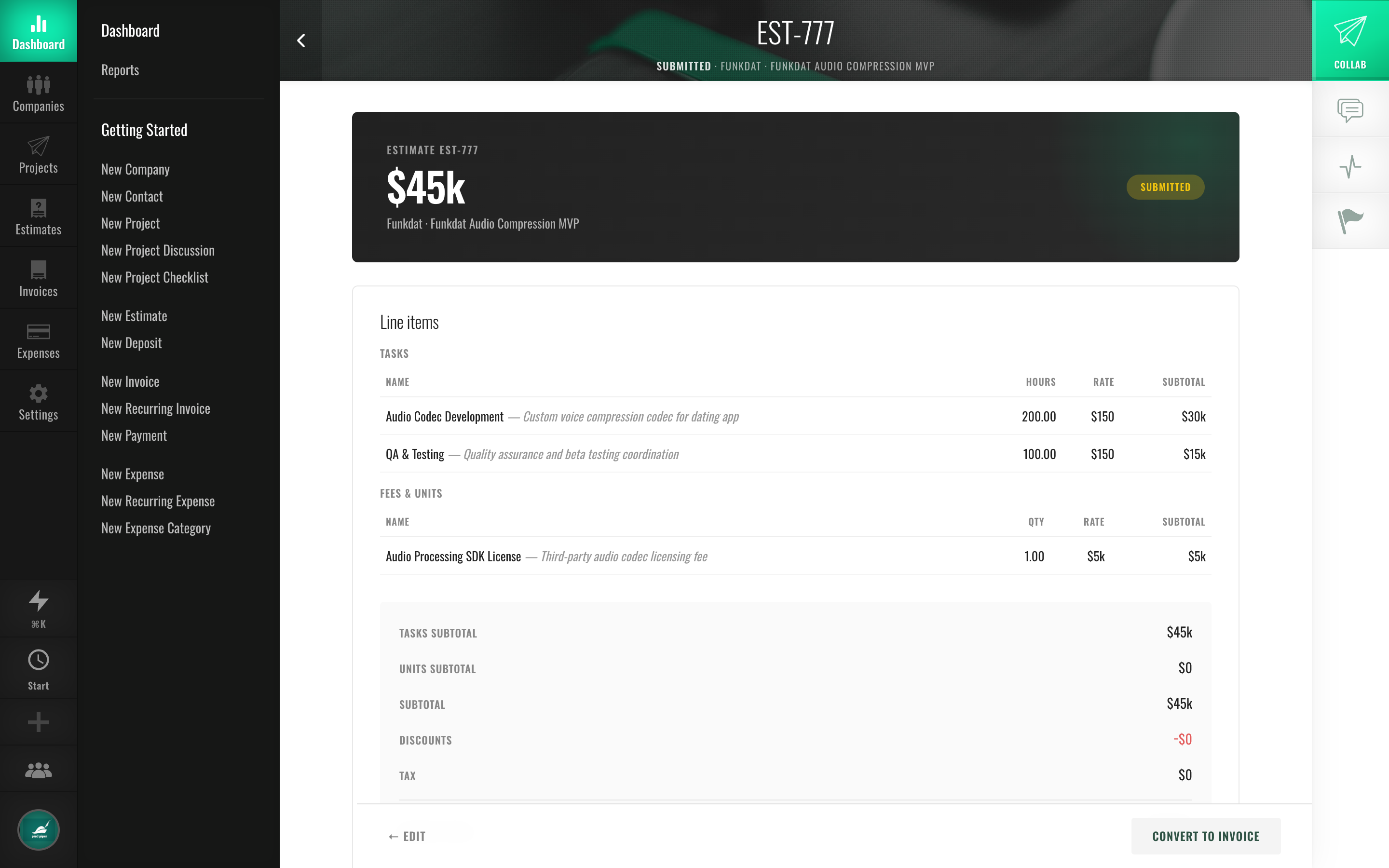 A Fee-Lion estimate with itemized line items and a total, ready to send for approval.